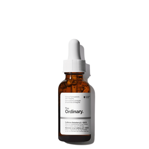 bottle of The Ordinary Caffeine Solution 5% with dropper, designed to reduce eye puffiness and dark circles