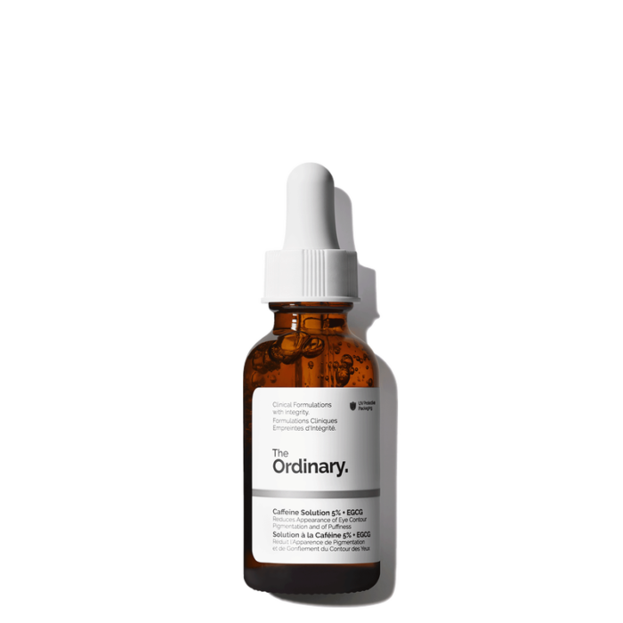bottle of The Ordinary Caffeine Solution 5% with dropper, designed to reduce eye puffiness and dark circles