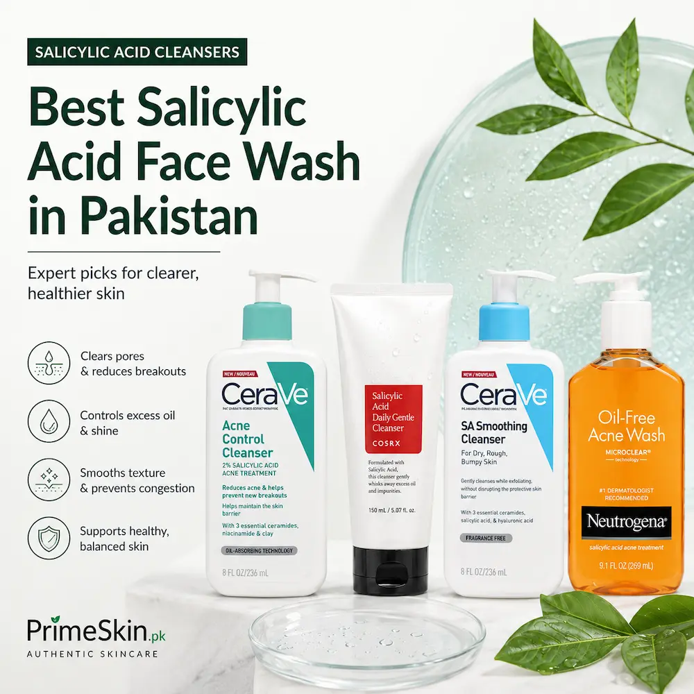 Best salicylic acid face washes in Pakistan featuring CeraVe, COSRX and Neutrogena cleansers