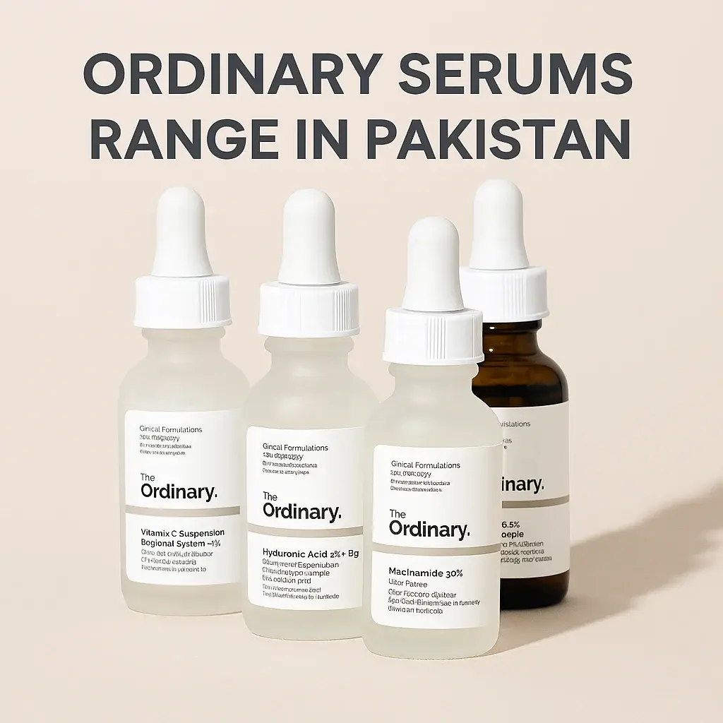 Bottles of The Ordinary serums arranged together with text "Ordinary Serums Range in Pakistan" on a beige background