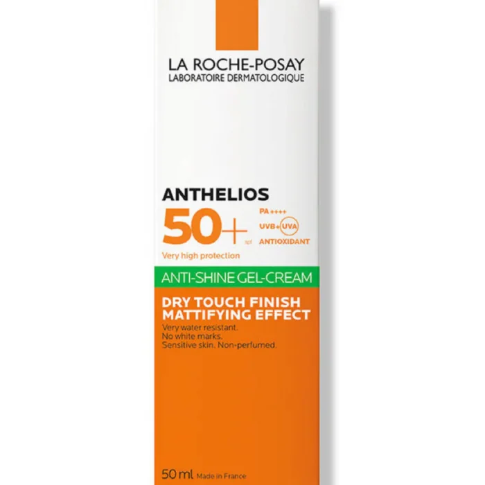 La Roche-Posay Anthelios Anti-Shine SPF 50+ Sun Cream Gel product packaging with orange label