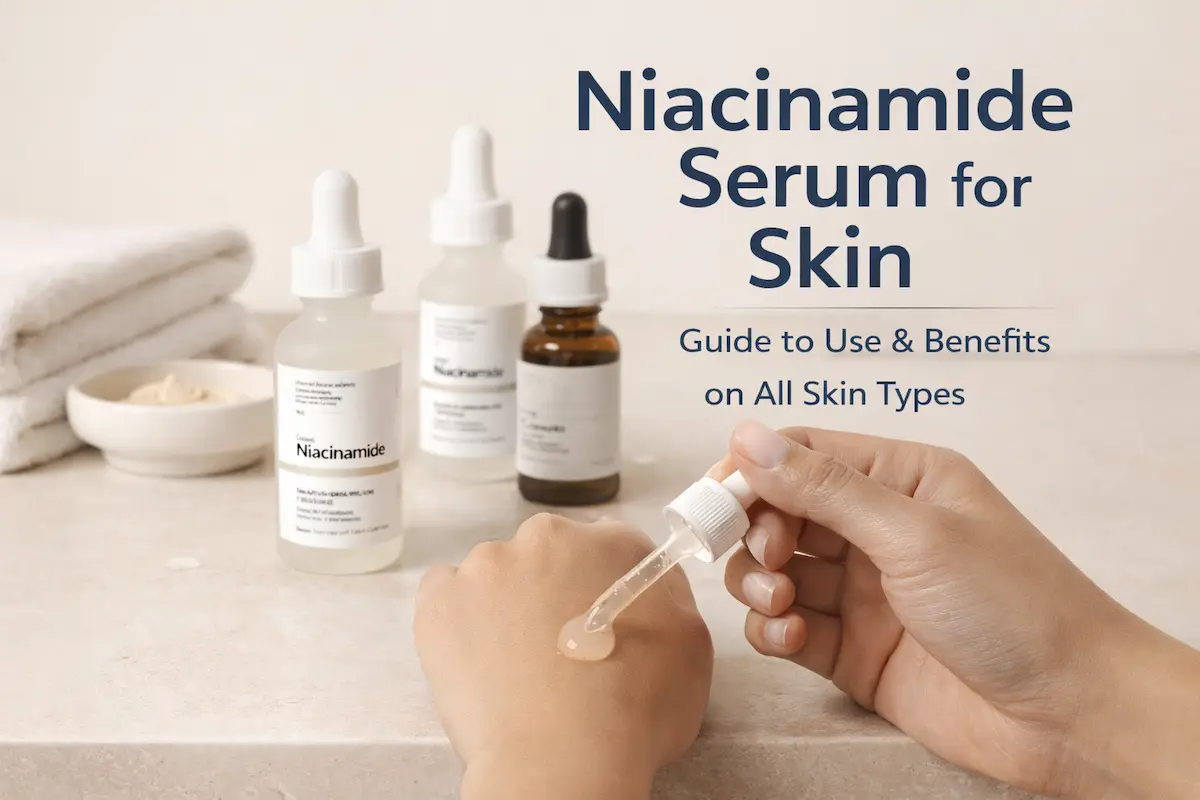 Niacinamide serum bottles and serum displayed as part of a skincare routine setup