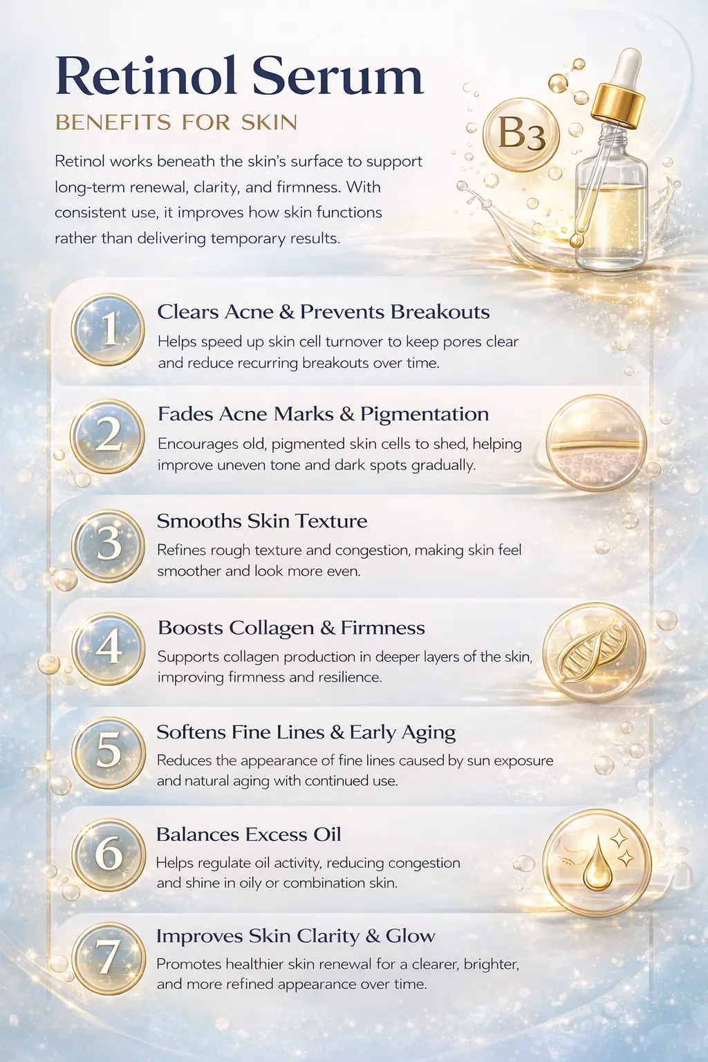 Visual summary of retinol serum benefits for skin including acne control, smoother texture, collagen support, and oil balance 