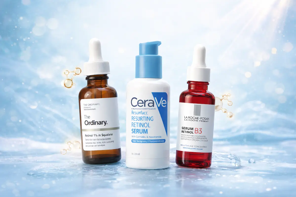 Retinol serum skincare products displayed on a clean, minimal background for a skincare guide