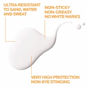 La Roche-Posay Anthelios sunscreen texture swatch demonstrating non-greasy, non-sticky formula that leaves no white marks