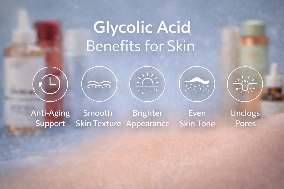 Infographic showing key glycolic acid benefits for skin such as anti-aging, smoother texture, and brighter tone 