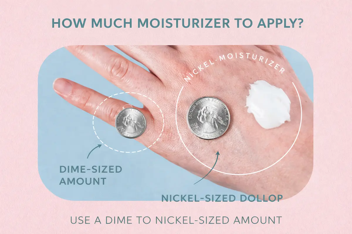Visual guide showing the correct amount of moisturizer to apply on the face using dime-sized and nickel-sized amounts