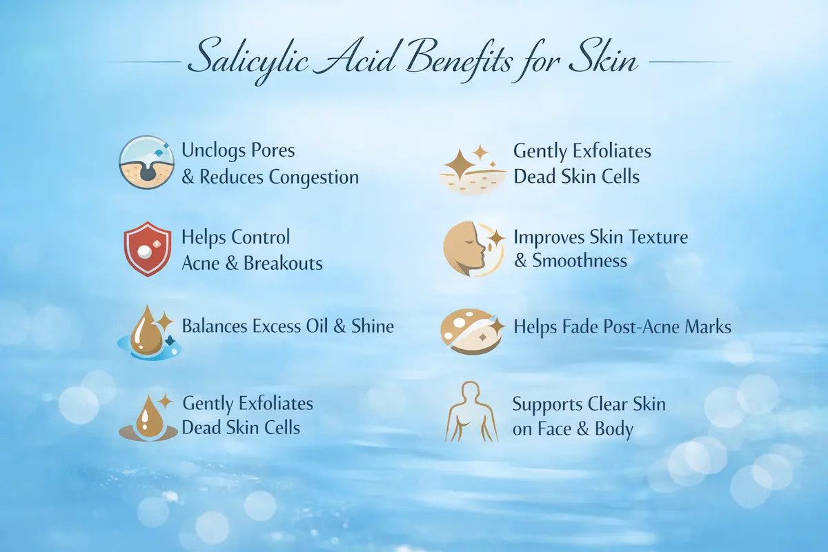 Salicylic acid benefits for skin such as acne control, oil balance, gentle exfoliation, and clearer pores