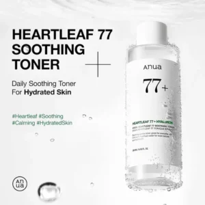 Anua Heartleaf 77% Soothing Toner product graphic showing the benefits for hydrated skin and calming irritation