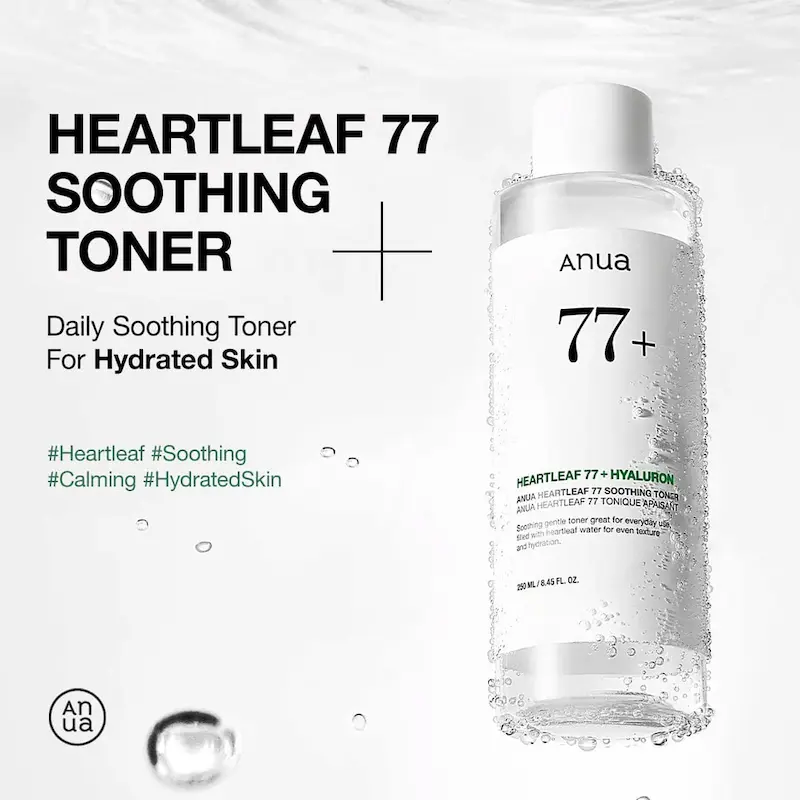 Anua Heartleaf 77% Soothing Toner product graphic showing the benefits for hydrated skin and calming irritation