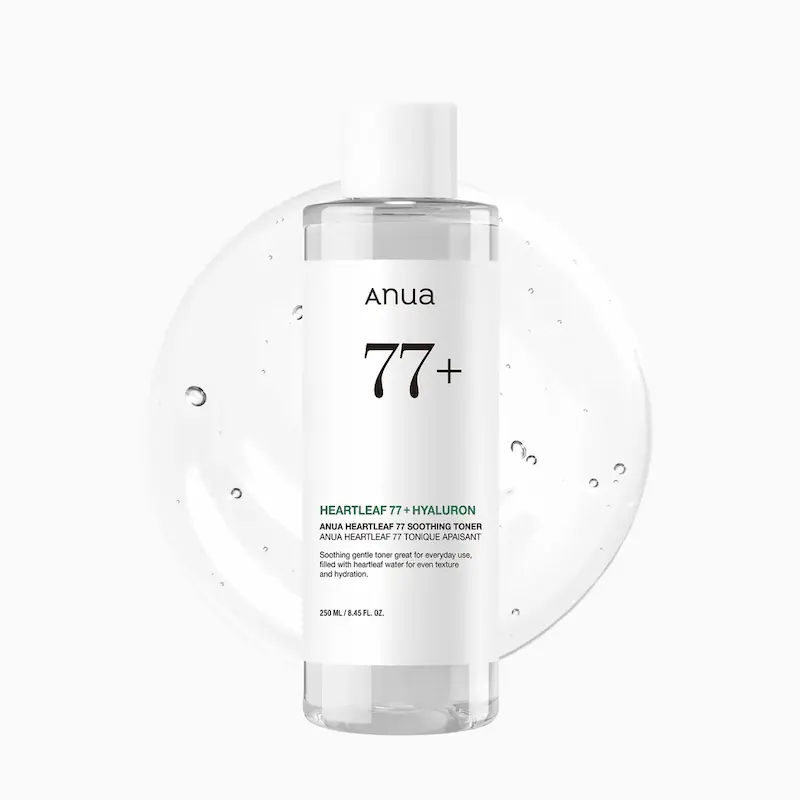 Anua Heartleaf 77% Soothing Toner 250ml bottle for calming redness and balancing sensitive skin