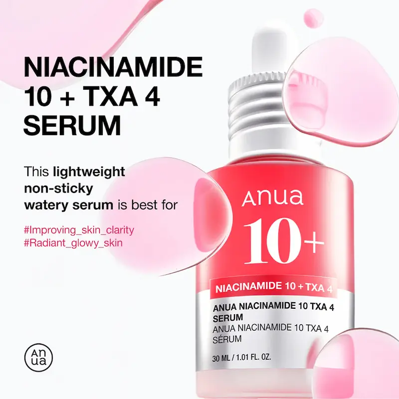 Anua Niacinamide Serum benefits infographic showing the lightweight, non-sticky, watery texture for radiant skin and dark spot correction