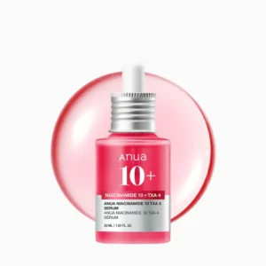 Anua Niacinamide Serum 10% + TXA 4% for dark spot correcting and oil control in a 30ml pink bottle