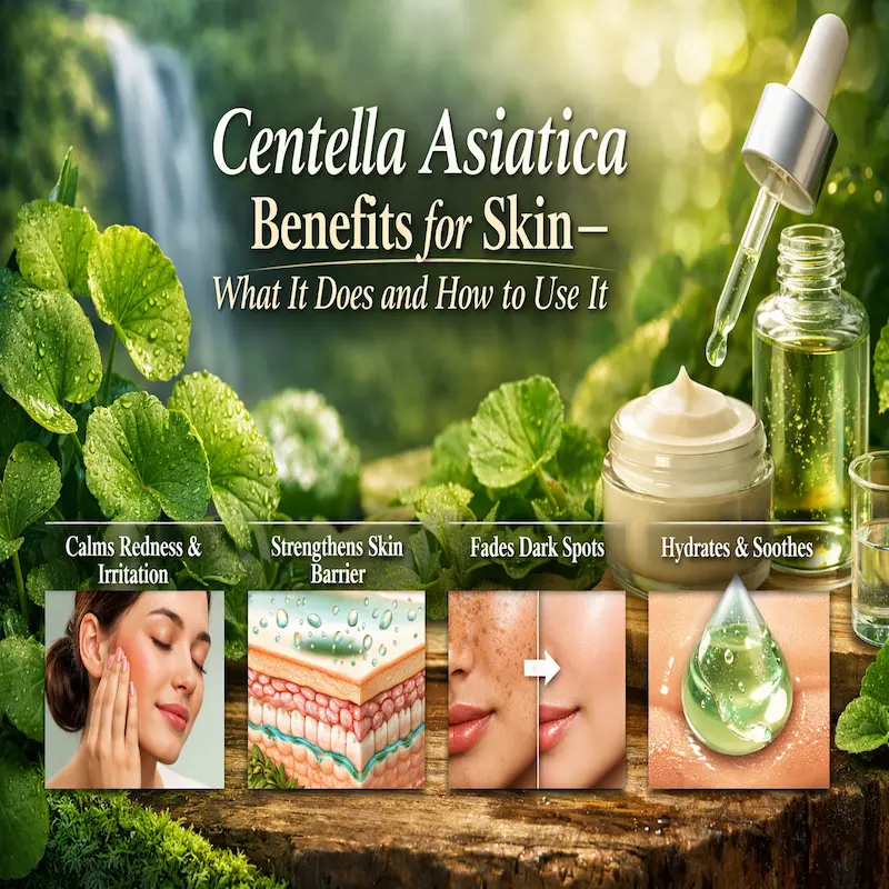 Centella asiatica leaves and skincare products showing skin barrier and dark spot benefits
