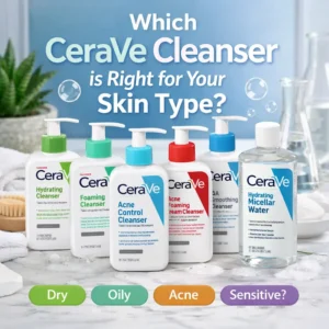 CeraVe cleansers lineup showing hydrating, foaming, acne control and micellar water for different skin types