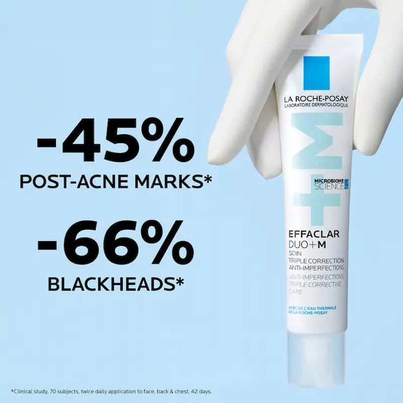 Infographic showing clinical results of La Roche-Posay Effaclar Duo+M with 45 percent reduction in post-acne marks and 66 percent reduction in blackheads