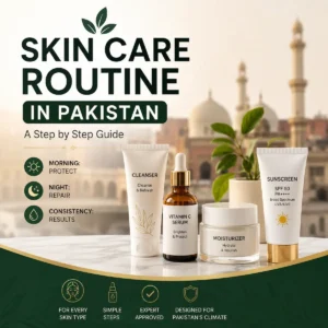 skincare routine guide in Pakistan featuring cleanser, vitamin C serum, moisturizer, and SPF 50 sunscreen