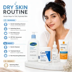 Dry skin routine morning and night steps with skincare products on white background