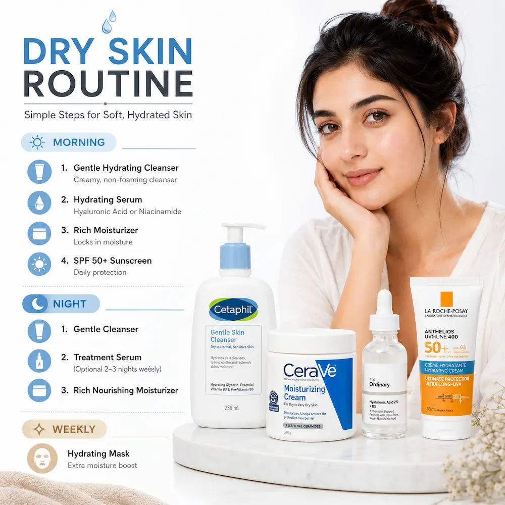 Dry skin routine morning and night steps with skincare products on white background