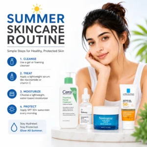 Summer skincare routine infographic with CeraVe, The Ordinary, Neutrogena and La Roche-Posay products