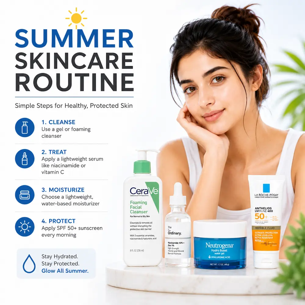 Summer skincare routine infographic with CeraVe, The Ordinary, Neutrogena and La Roche-Posay products