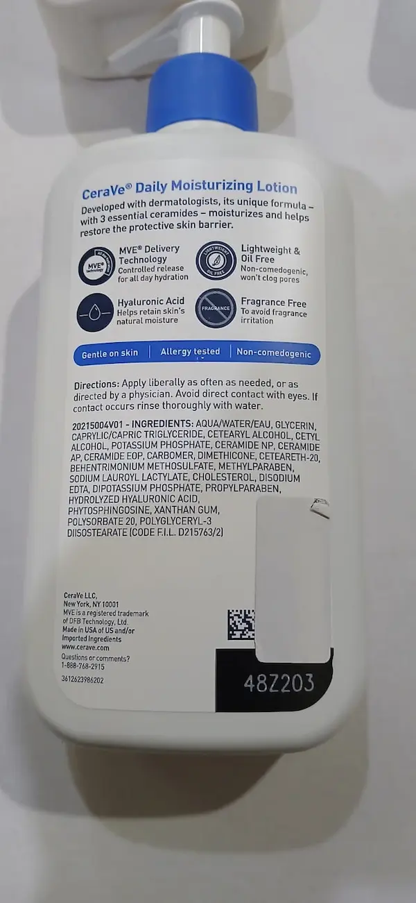 Back of an original CeraVe moisturizer with the barcode area covered, showing this is normal on genuine bottles