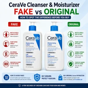 CeraVe cleanser and moisturizer fake vs original comparison in Pakistan showing bottle feel, pump lock, and spring differences