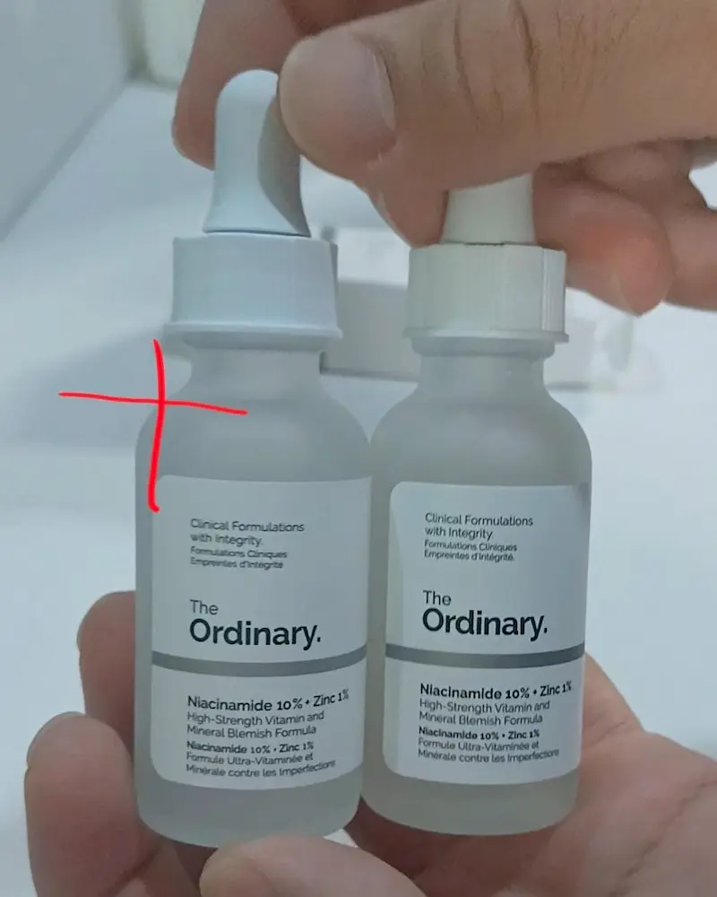 The Ordinary Niacinamide 10% + Zinc 1% fake and original bottles side by side