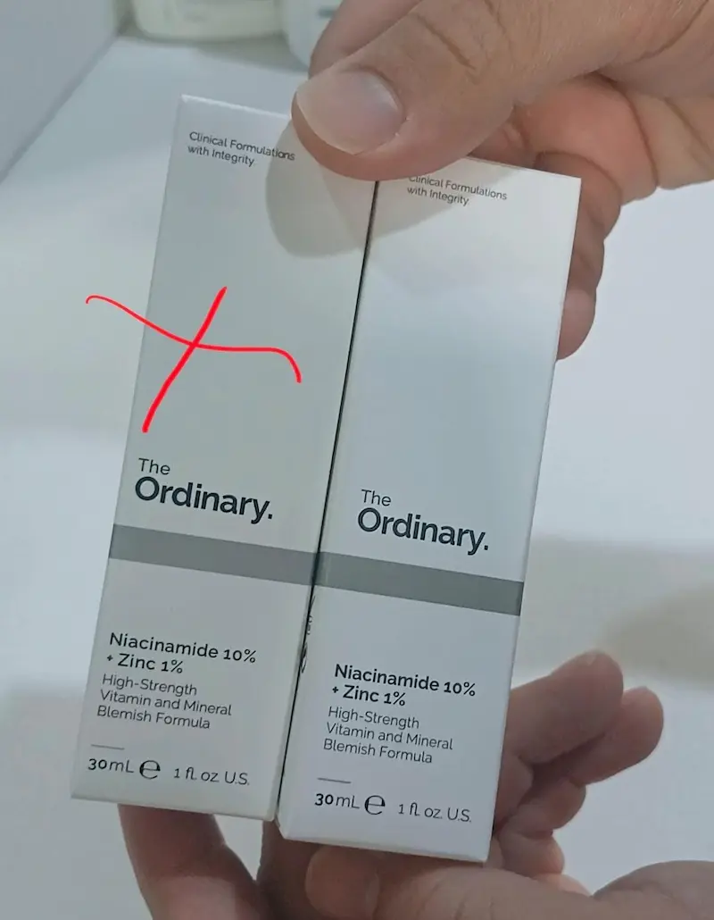 The Ordinary Niacinamide 10% + Zinc 1% fake and original boxes side by side, showing identical packaging