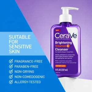 CeraVe Brightening Vitamin C Cleanser suitable for sensitive skin, fragrance free and paraben free