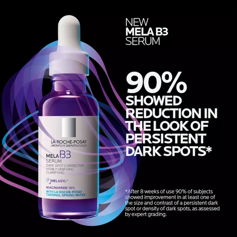 La Roche-Posay Mela B3 Serum clinical result showing 90% reduction in the look of persistent dark spots