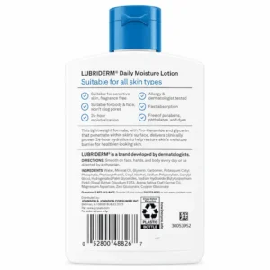 lubriderm-daily-moisture-lotion-fragrance-free-ingredients Lubriderm Daily Moisture Lotion Fragrance Free back label with ingredients and directions